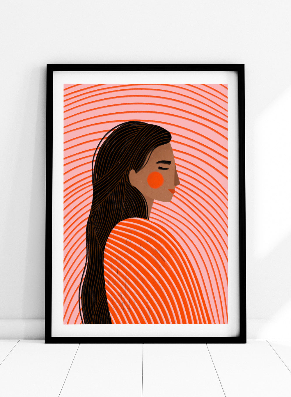 The Woman With the Lines by Bea Müller is an officially licensed art print featuring a modern illustrated portrait with bold curved lines. Available framed or unframed.