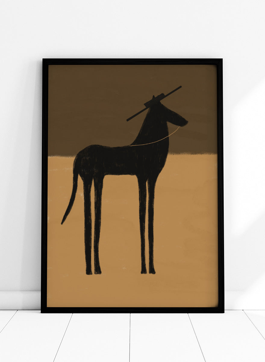 A minimalist art print featuring a black silhouette of a long-legged animal, possibly a zebra or antelope, standing against a two-tone brown background. The Unspoken Story by The Art Concept animal art print featuring a tall black horse in a wide hat against warm brown and sand tones.