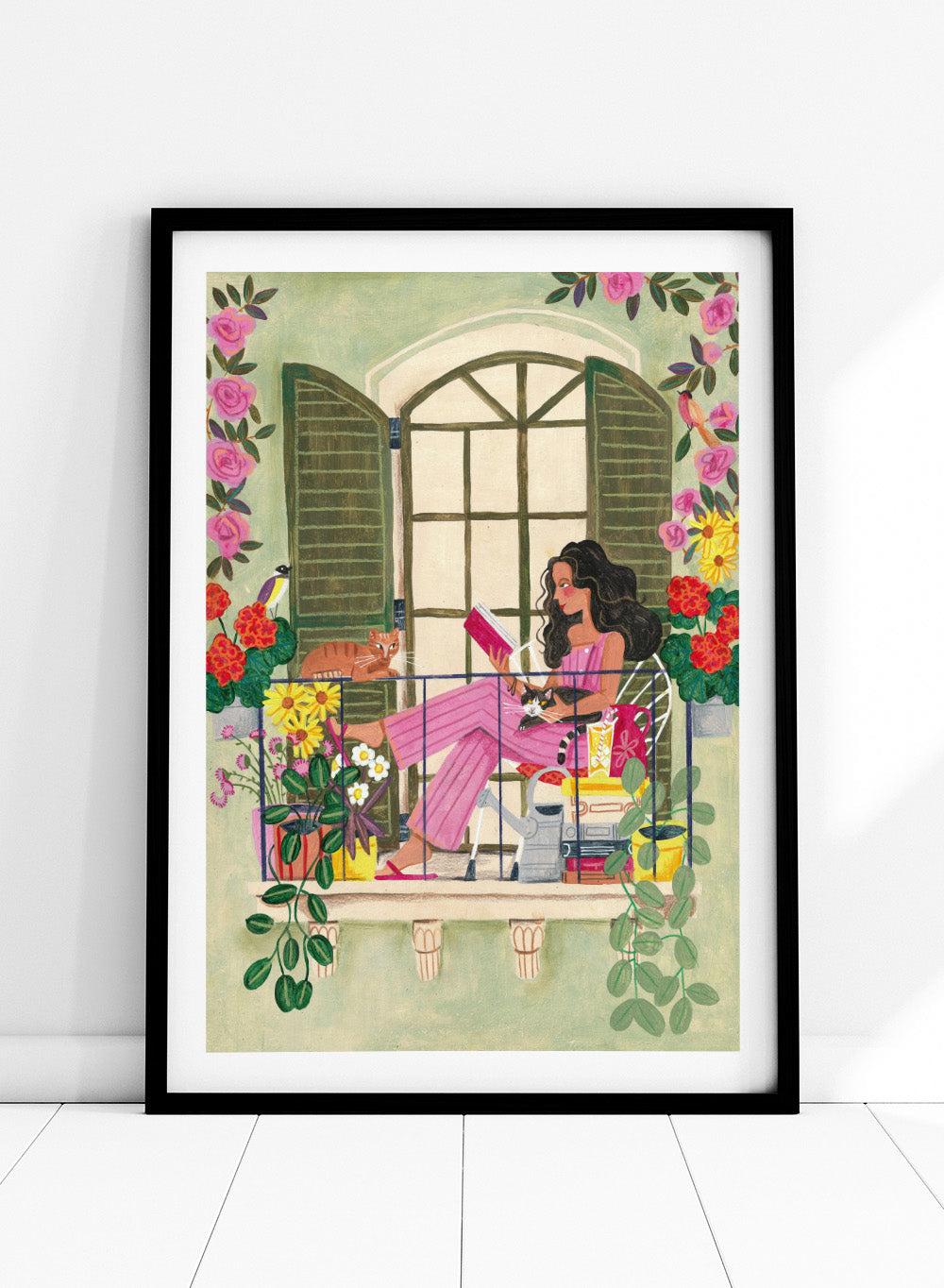 Illustration of a woman reading a book on a balcony with flowers and plants. Balcony Reading With Cats by Caroline Bonne Müller is a fine art print and wall poster of a woman reading on a balcony with cats and flowers in a modern style.