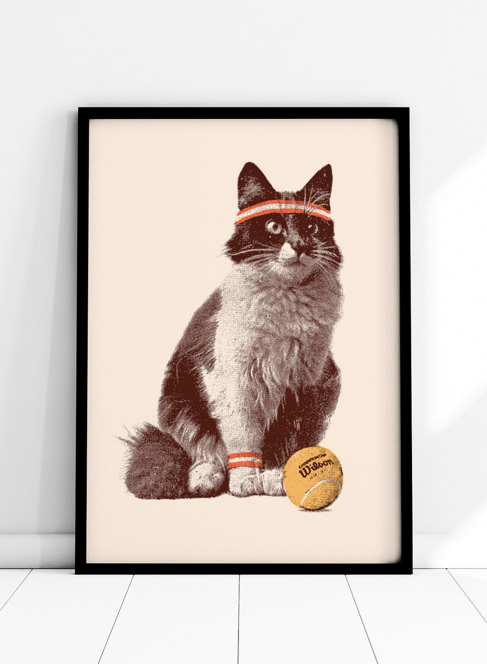 Cat wearing a striped bandana with a tennis ball on a beige background. Retro Tennis Cat by Florent Bodart is a playful cat art print with vintage tennis style, a modern wall poster with retro texture, humor, and character.