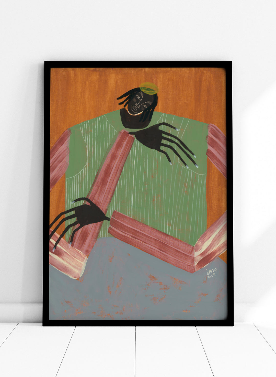 Artistic depiction of a person with spider-like hands and feet against a wooden background. No Place to Be by Studio IMO (Ibi Meier-Oruitemeka) is a modern figurative art print with a seated figure, bold color, and contemporary portrait wall poster design.