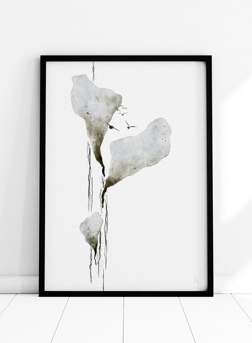 Abstract watercolor art print featuring three irregular, dripping white and gray forms on a white background, with small dark birds near the top. Shop Melting Ice And Birds by Ankie Kooi, a nature wall art print poster with abstract watercolor ice, flying birds, minimalist landscape art, blue, gray, and cream.