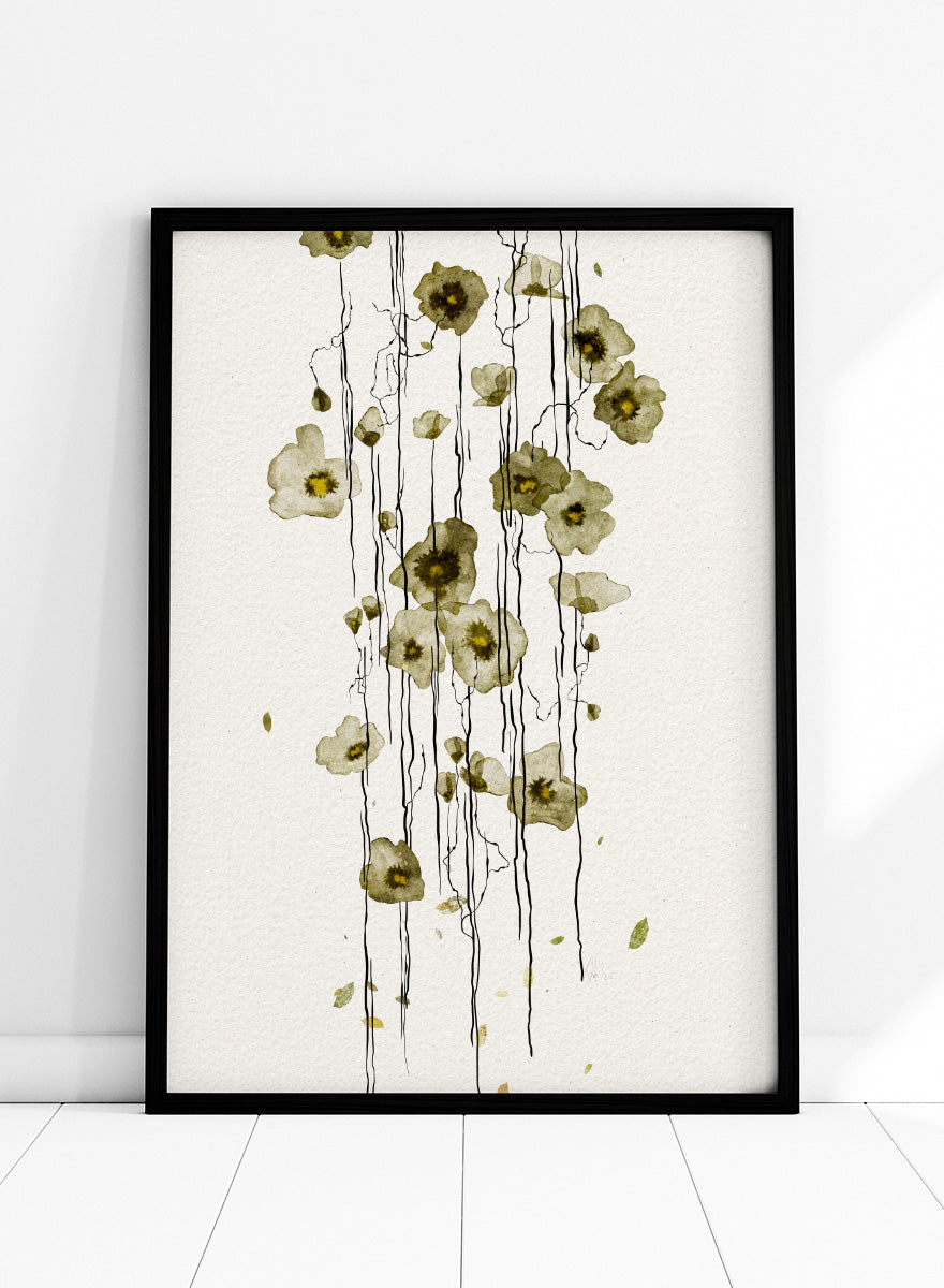 Shop Flowing Green Flowers by Ankie Kooi, a modern floral wall art print poster with abstract botanical line art, watercolor flowers, green tones, and cream.