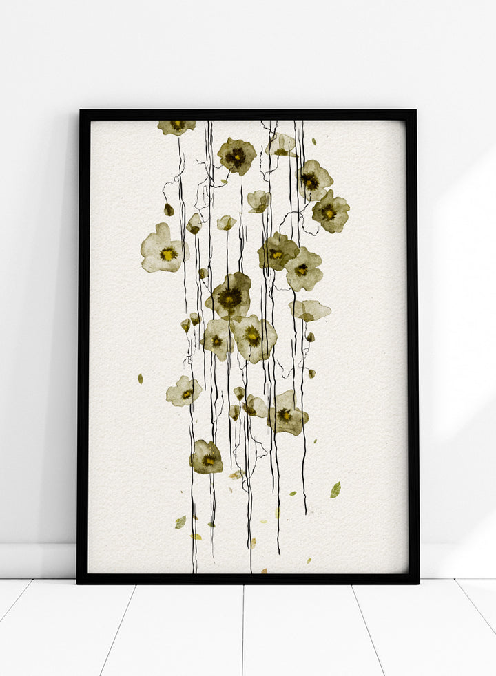 Shop Flowing Green Flowers by Ankie Kooi, a modern floral wall art print poster with abstract botanical line art, watercolor flowers, green tones, and cream.