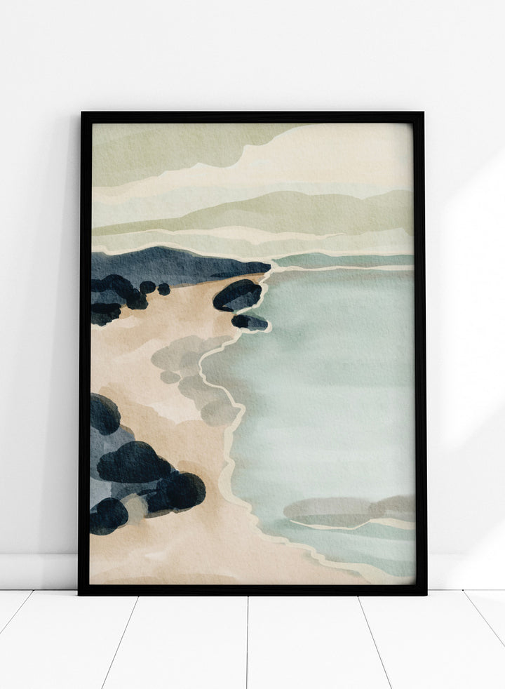 Shop Coastal Serenity by Nikita Jariwala, a modern coastal wall art print featuring a soft shoreline, abstract seascape, rocky beach, and pale blue, sage, and cream tones.
