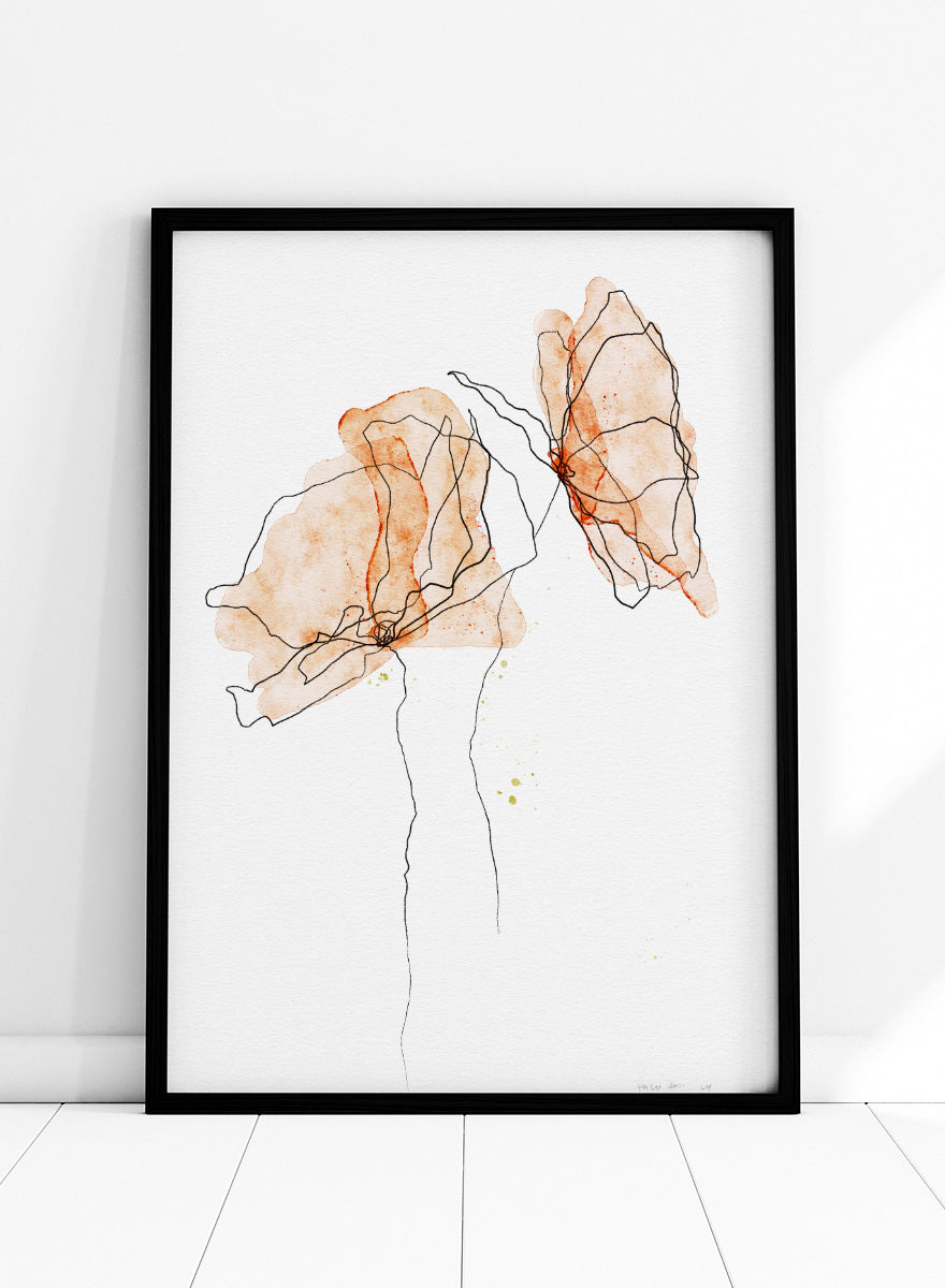 Abstract floral art print featuring two watercolor-style peach and orange flower shapes with thin black line details on a white background. Shop Abstract Peach Flowers by Ankie Kooi, a floral wall art print poster with abstract botanical line art, watercolor flowers, peach, orange, and black.