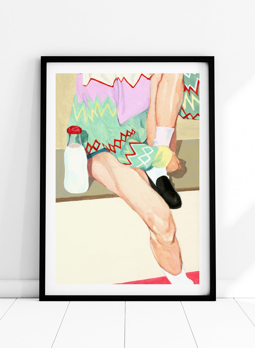 Shop Colorful Sweater Milk by Sophia Novosel, a modern figurative wall art print poster featuring a patterned sweater, milk bottle, crossed legs, and bold color.