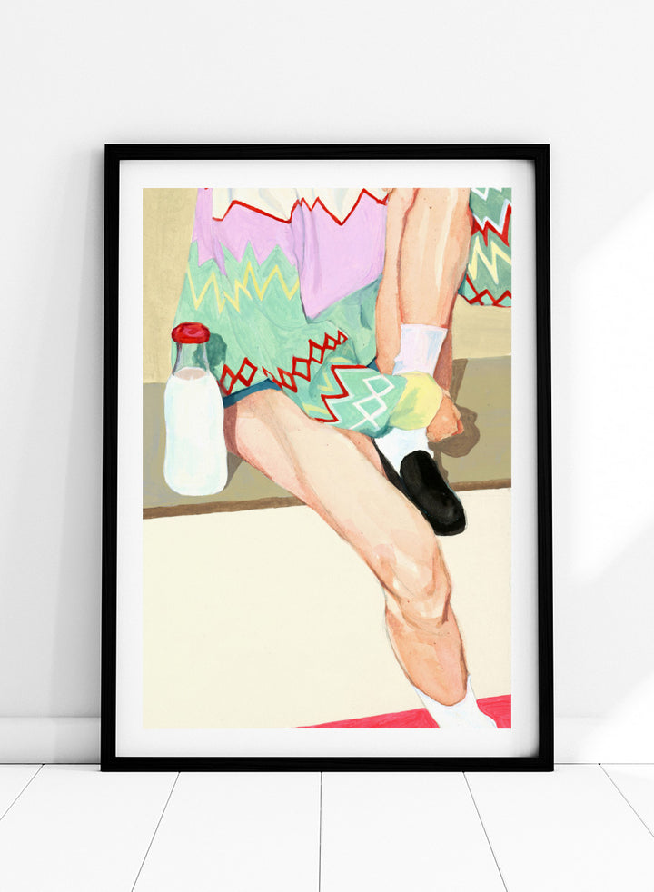 Shop Colorful Sweater Milk by Sophia Novosel, a modern figurative wall art print poster featuring a patterned sweater, milk bottle, crossed legs, and bold color.