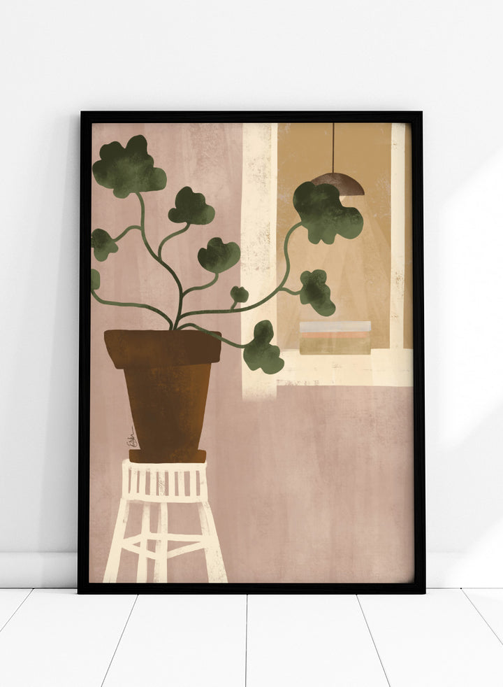 A minimalist art print depicting a potted green plant on a white stool against a dusty pink wall, with a window and hanging lamp in the background. Shop Cozy Houseplant Window by Elsa Nätterdal, a modern botanical interior art print featuring a leafy plant, soft neutral tones, and a cozy home setting.
