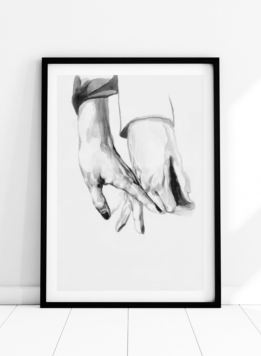 Shop Gentle Hands Connected by Sophia Novosel, a minimalist black and white wall art print poster featuring two hands touching in a soft, intimate gesture.