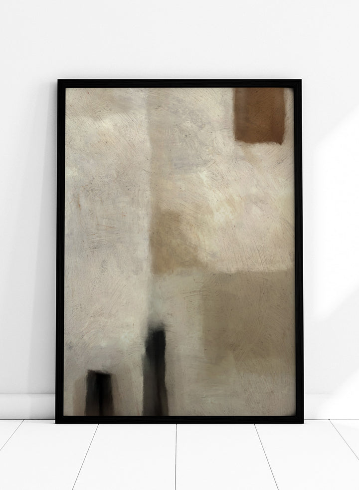 An abstract painting featuring textured blocks of warm beige, cream, and brown, with dark charcoal-like vertical shapes near the bottom and a small brown block in the upper right corner. Shop Brumea by Dan Hobday, a neutral abstract art print featuring soft layered forms, brushed texture, muted earthy tones, and a modern minimalist feel.