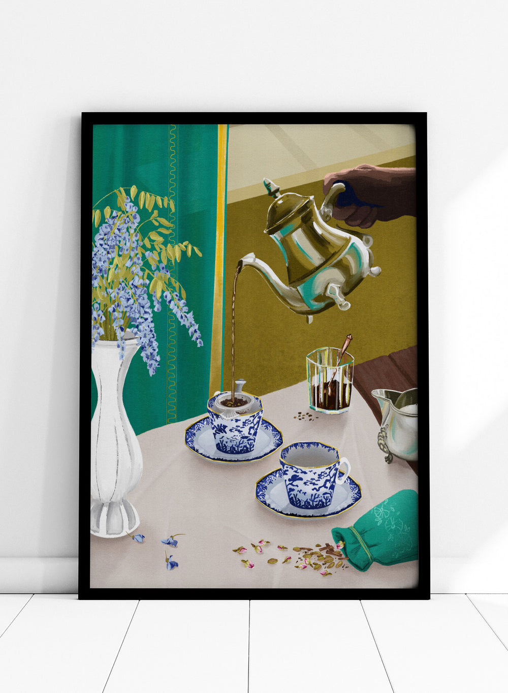 Tea being poured from a teapot into a cup on a table with a vase of flowers and a glass. I Despise English Tea by Goed Blauw is a still life art print and wall poster featuring tea being poured into patterned cups with bold green and gold tones.