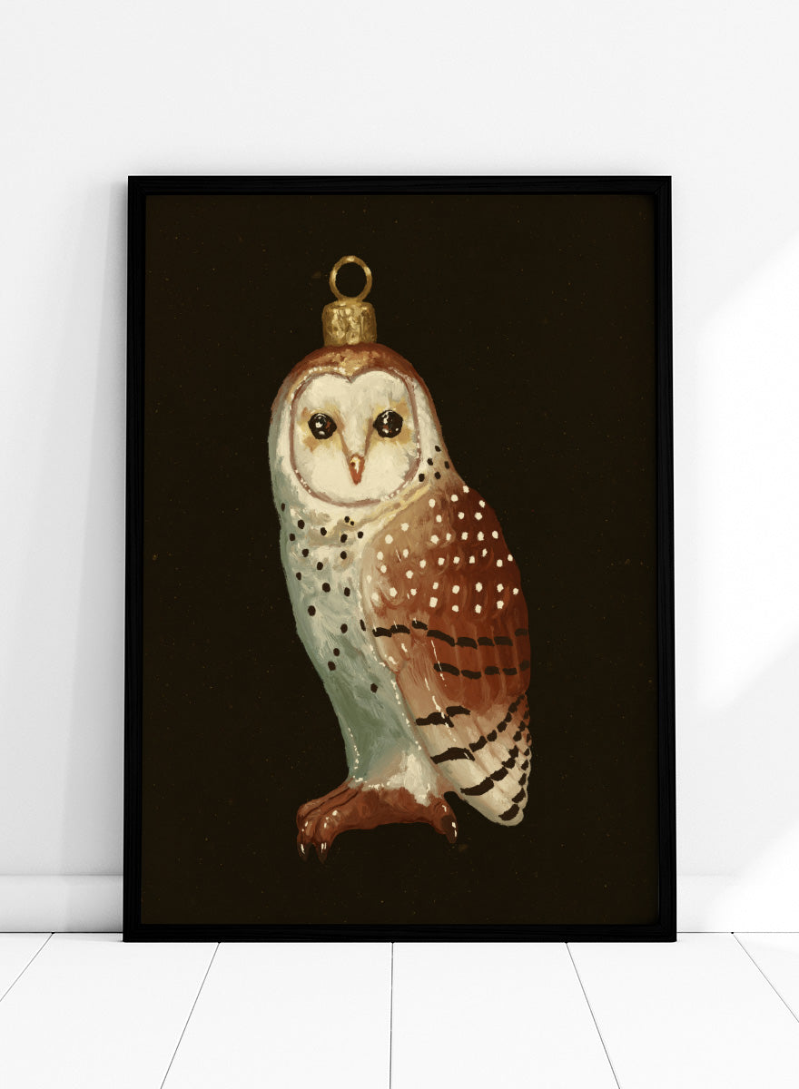 Shop Barn Owl Ornament by NKTN, a Christmas wall art print poster featuring a vintage-style barn owl ornament with woodland holiday charm.