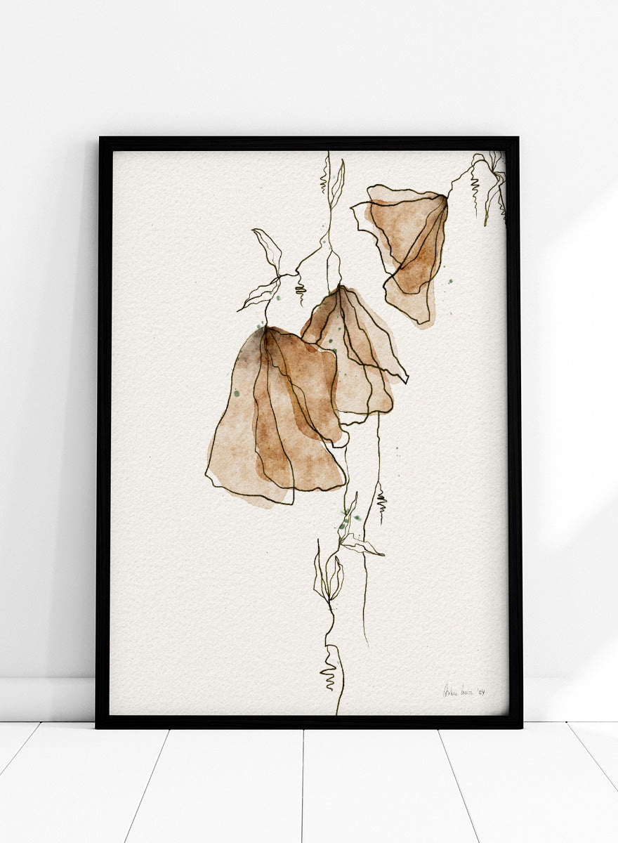 Shop Soft Watercolor Blooms by Ankie Kooi, an abstract floral wall art print poster with watercolor flowers, botanical line art, brown, cream, and green.