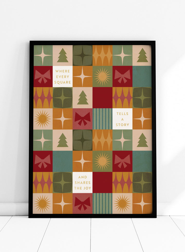 Shop Retro Christmas Squares by Dominique Vari, a festive wall art print poster featuring retro trees, bows, stars, geometric shapes, and vintage holiday colors.