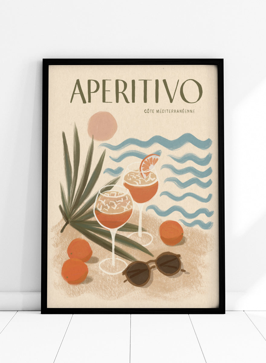 A travel-style poster reading “APERITIVO” with “CÓTE MEDITERRANÉENNE” beneath it, showing illustrated cocktails, citrus fruits, palm leaves, blue ocean waves, and sunglasses on a warm beige background.Aperitivo Beach Day by Katarzyna Gąsiorowska Mediterranean art print featuring spritz cocktails, oranges, sunglasses, and vintage coastal style.