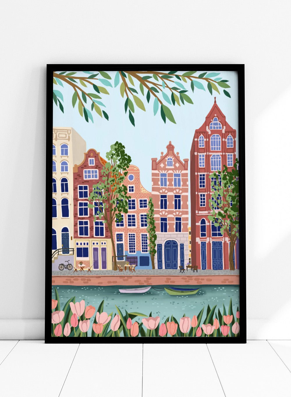 Amsterdam The Netherlands City Colorful Buildings Tulips Flowers Travel City Art Print | Landscape Illustration, Europe Travel Poster