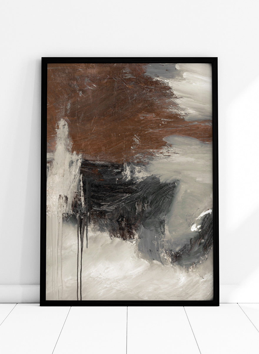 Shop Glow by Dan Hobday, a contemporary abstract art print featuring deep brown, charcoal, cream, and gray with expressive layered brush texture.