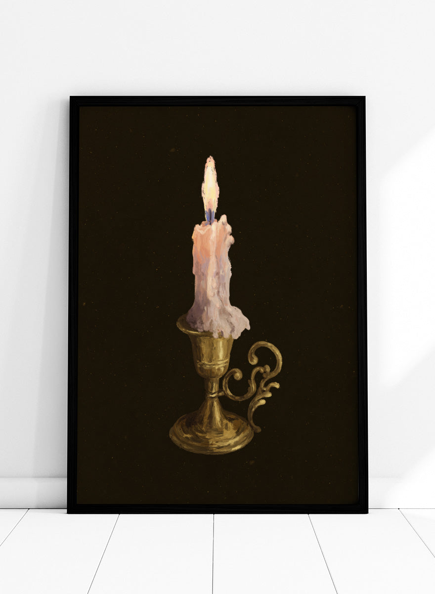 Shop Elegant Brass Candle by NKTN, a candle wall art print poster featuring a glowing taper candle in an ornate brass holder against a dark vintage-style background.