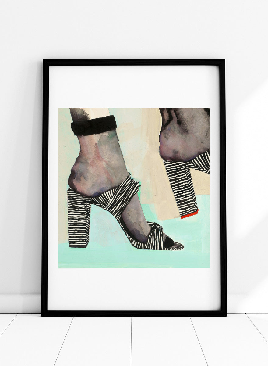 Shop Chic Zebra Heels by Sophia Novosel, a modern fashion wall art print poster featuring zebra-striped heels, bold black-and-white pattern, and a stylish cropped view.