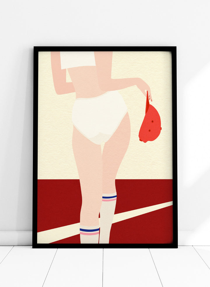 Illustration of a person in a white panty with a red cap on a beige and red background. Panties Socks Cap by Rosi Feist is a modern fashion art print with sporty minimalism, bold color blocking, and contemporary graphic poster style.