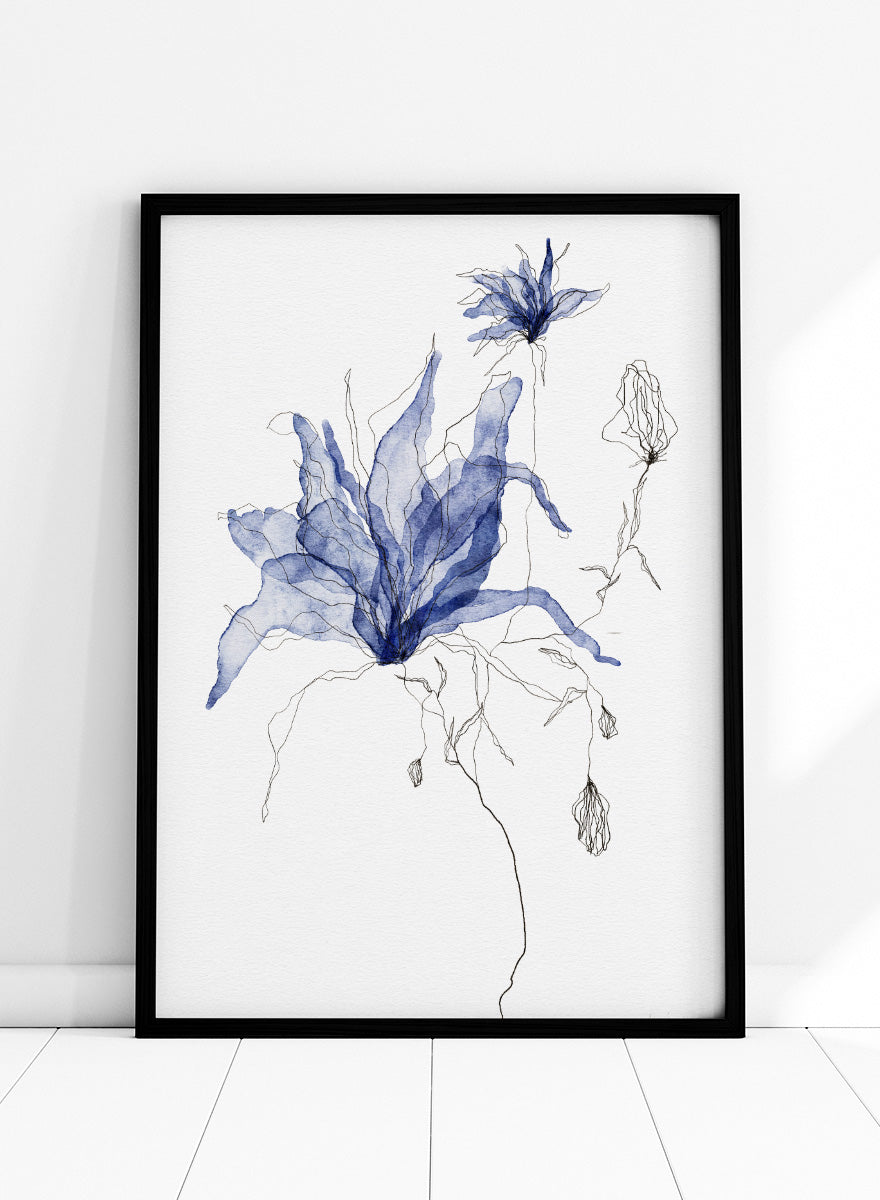 Abstract botanical art print featuring layered, semi-transparent blue flower silhouettes with fine black sketch lines on a white background. Shop Indigo Watercolor Florals by Ankie Kooi, a floral wall art print poster with blue watercolor flowers, botanical line art, buds, and white background.