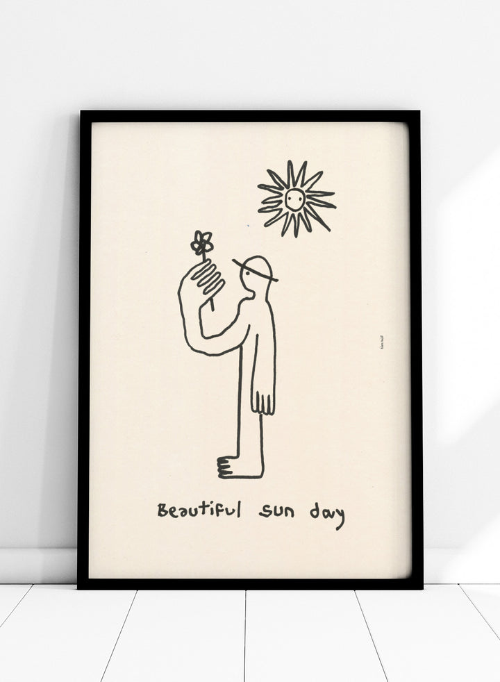 Black line drawing of a person with a flower and a sun, with 'Beautiful sun day' text on a beige background. Untitled by Eden Kalif is a modern line art print of a figure holding a flower under the sun, a contemporary minimalist wall poster with simple expressive drawing.