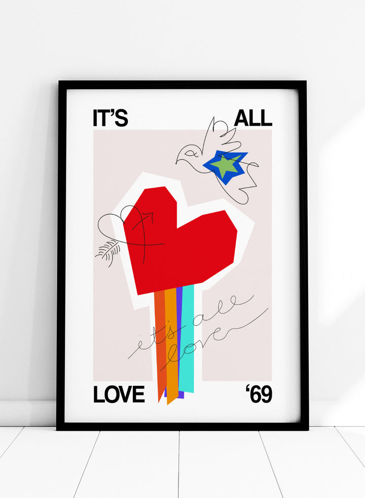 Colorful abstract design with a red heart and text on a light background. It’s All Love ’69 Heart Greige by Frances Collett is a colorful heart art print with rainbow stripes and expressive linework. Officially licensed contemporary wall poster with optional framing.
