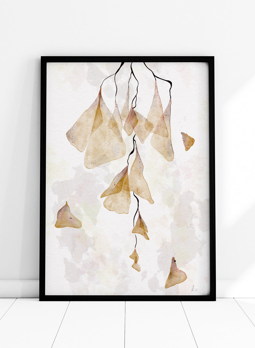 Watercolor art print featuring delicate, translucent beige and tan leaf-like shapes hanging from thin dark stems on a soft off-white background. Shop Translucent Organic Flow by Ankie Kooi, an abstract botanical wall art print poster with hanging watercolor florals, organic line art, and cream tones.