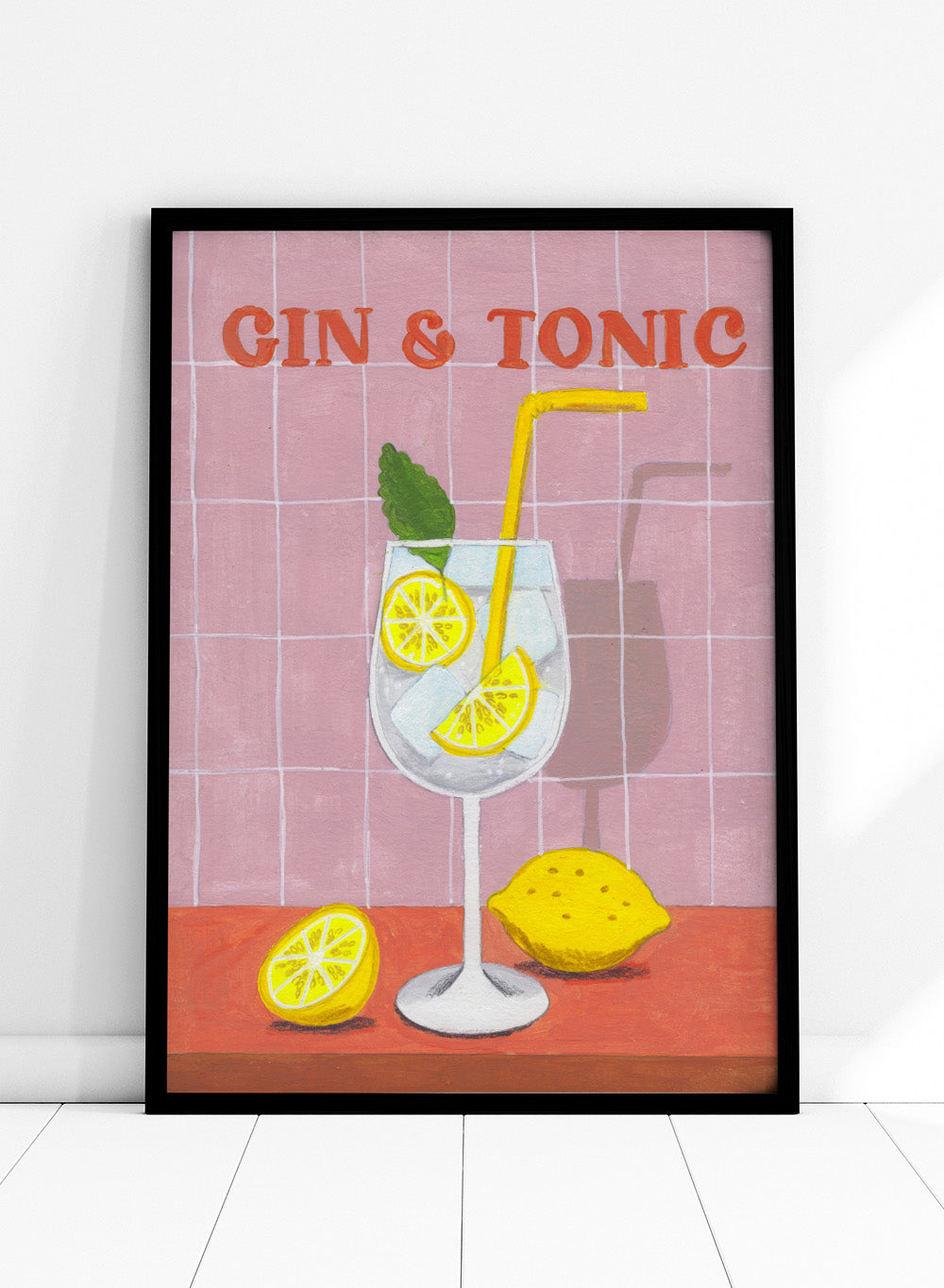 Illustration of a gin and tonic with lemon slices and a straw on a tiled background. Refreshing Gin Tonic by Caroline Bonne Müller is a fine art print and wall poster of a gin and tonic with lemon slices, mint leaf, ice, and pink tile background.