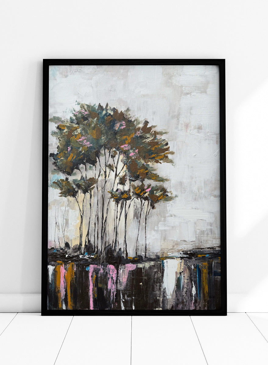 Shop Tranquil Tree Reflections by Helena Ryhle, a modern landscape wall art print poster featuring tall trees, mirrored water, and expressive reflections.