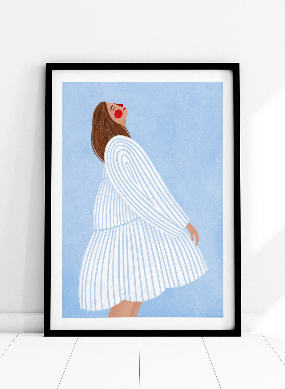 The Woman With the Blue Stripes by Bea Müller is an officially licensed art print featuring soft blue tones and a flowing modern portrait. Framed or unframed options available.