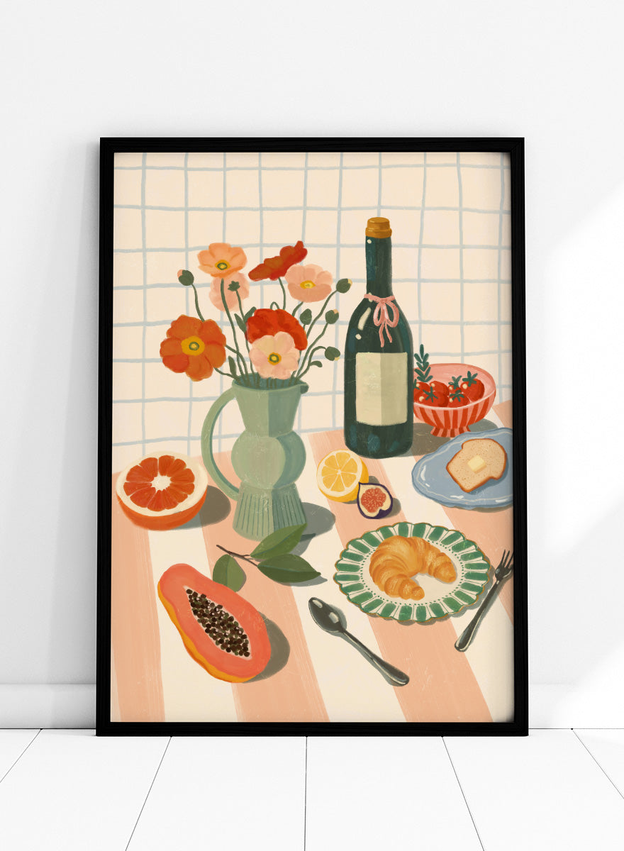 A stylized still life illustration showing a bottle, flowers in a pitcher, fruit, bread, and tableware on a striped surface against a grid background. Colorful Breakfast Still Life by Katarzyna Gąsiorowska art print featuring fruit, flowers, a croissant, and colorful kitchen tableware in soft modern tones.
