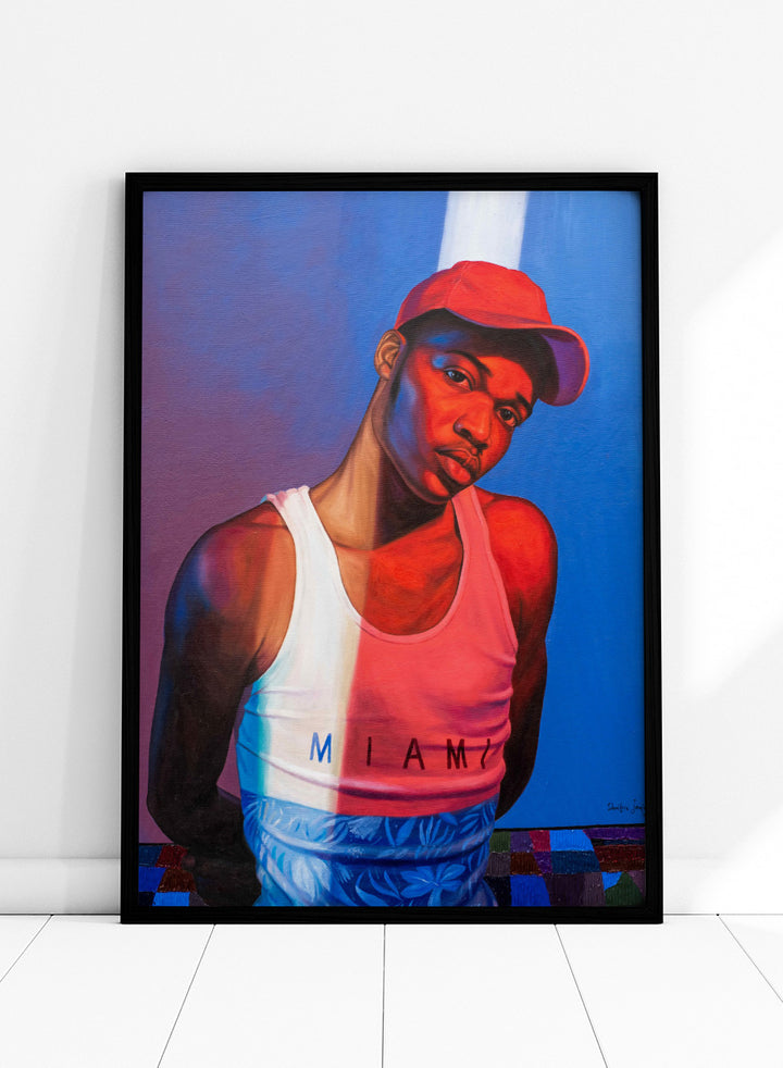 A stylized portrait painting of a man wearing a red cap, a white tank top with &