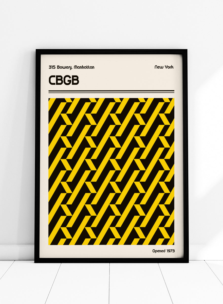 A vintage-style poster or print featuring a bold black and yellow geometric pattern in the center, with the text '315 Bowery, Manhattan', 'New York', 'CBGB', and 'Opened 1973' on a cream background. Geometric Optical Illusion by Retrodrome retro music art print inspired by CBGB, featuring yellow-and-black geometry and bold New York club poster design.