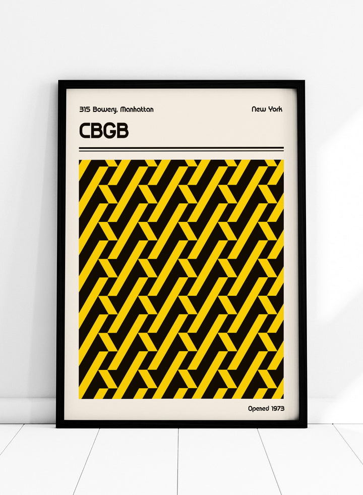 A vintage-style poster or print featuring a bold black and yellow geometric pattern in the center, with the text &