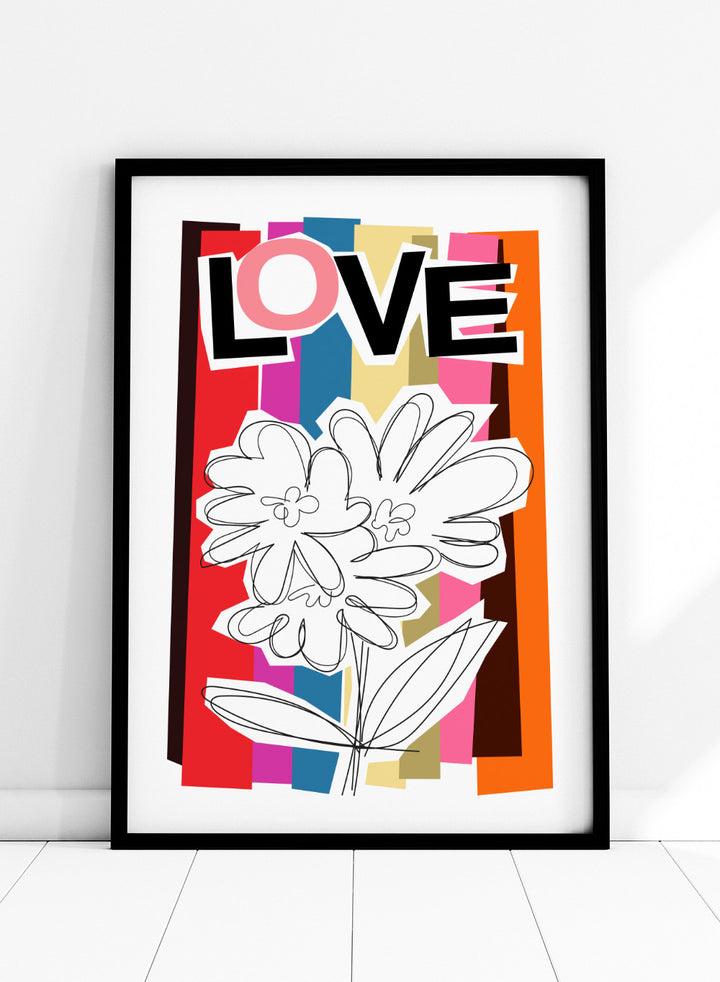Colorful abstract design with flowers and the word 'LOVE' on a striped background. Scribble Flower by Frances Collett art print featuring a hand-drawn flower over bold colorful stripes with the word LOVE. Officially licensed wall poster with framing option.