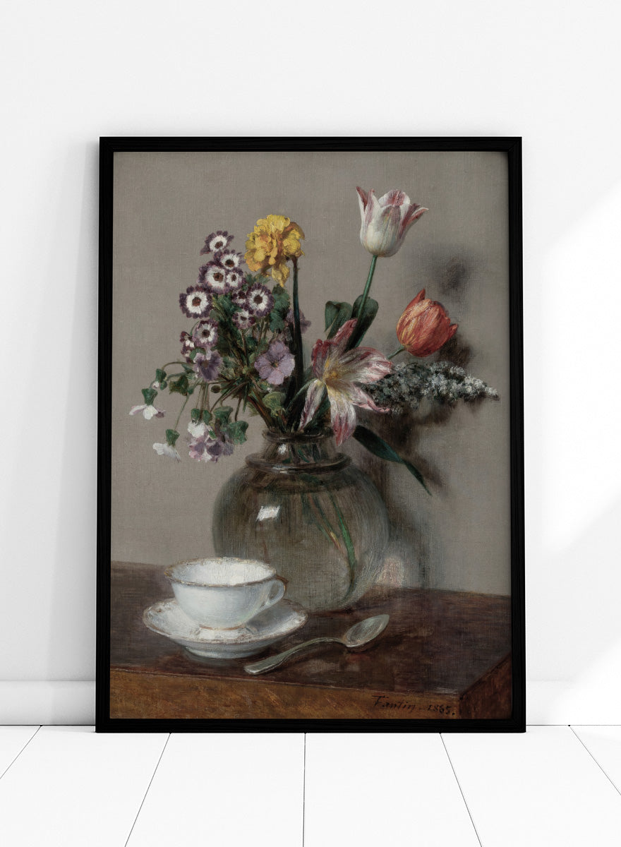 Shop Still Life with a Cup of Coffee by Henri Fantin-Latour, a vintage floral wall art print poster featuring a coffee cup and bouquet in soft brown tones.