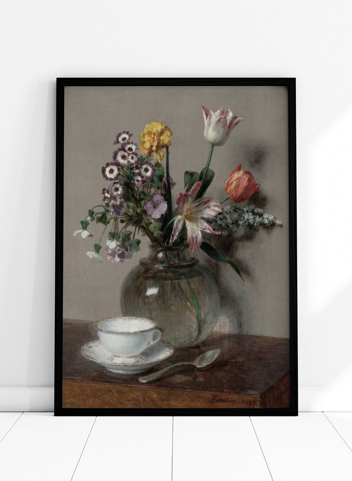 Shop Still Life with a Cup of Coffee by Henri Fantin-Latour, a vintage floral wall art print poster featuring a coffee cup and bouquet in soft brown tones.
