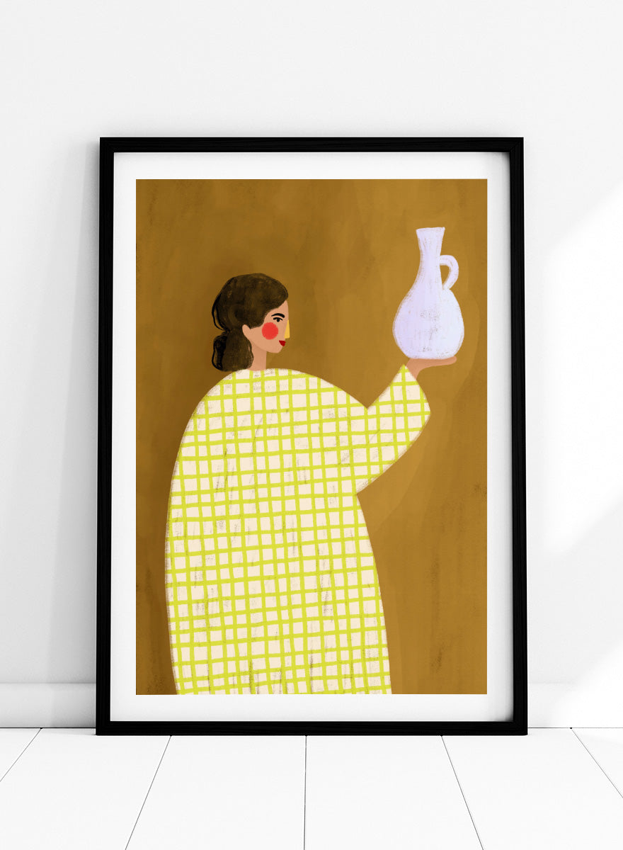 A framed art print featuring a stylized illustration of a woman in a yellow and white checkered dress holding a white jug against a warm brown background. Woman Holding Pottery by Bea Müller art print featuring a woman with a white ceramic jug, bold green checks, and warm mustard tones for modern decor.
