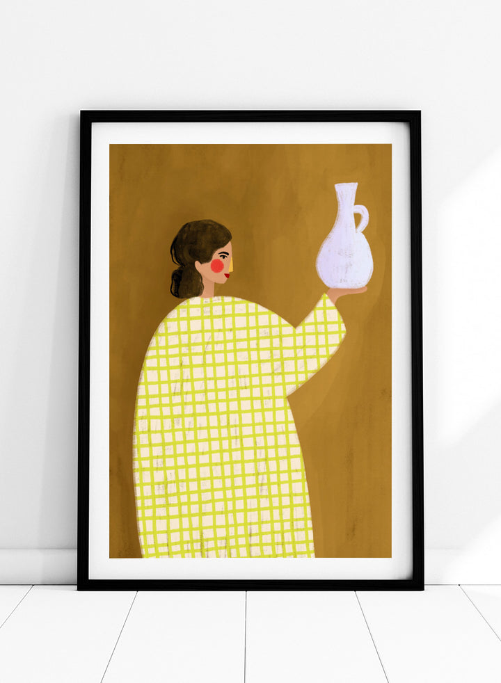 A framed art print featuring a stylized illustration of a woman in a yellow and white checkered dress holding a white jug against a warm brown background. Woman Holding Pottery by Bea Müller art print featuring a woman with a white ceramic jug, bold green checks, and warm mustard tones for modern decor.
