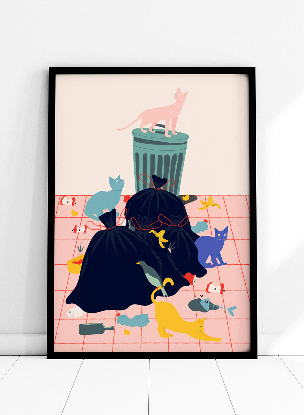 Illustration of a trash can and cats on a pink grid background. Cats by Jota de Jai is a funny modern wall art print featuring colorful cats taking over a messy room. Officially licensed fine art poster with optional wood frame.