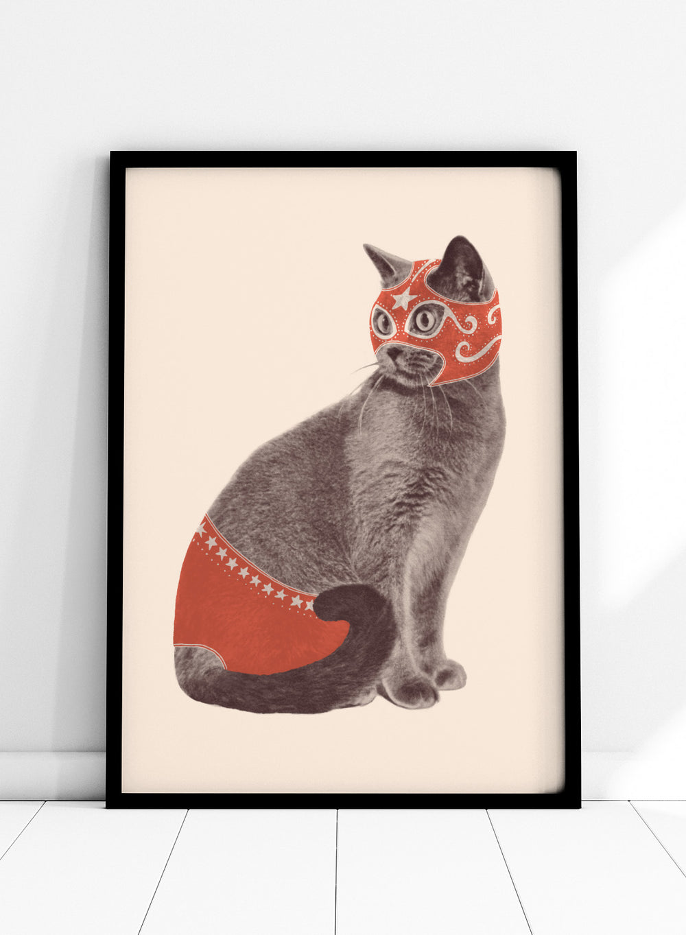 Cat wearing a red mask and underwear on a beige background. Funny Luchador Cat by Florent Bodart is a playful cat art print with bold red mask, a modern wall poster with humorous and surreal animal design.
