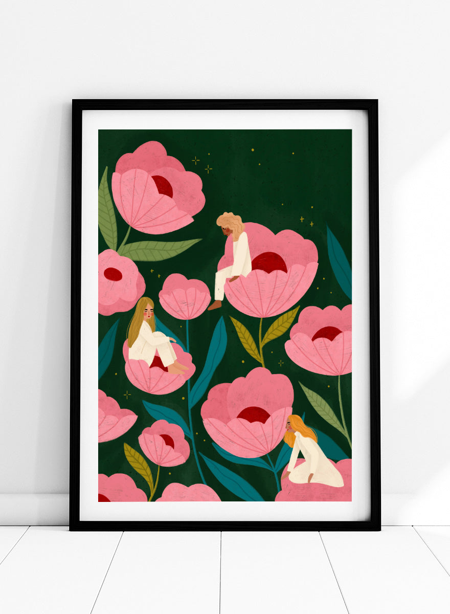 Shop Calm Women in Flowers by Bea Müller, a figurative floral wall art print poster featuring women among oversized pink flowers in a dreamy garden.