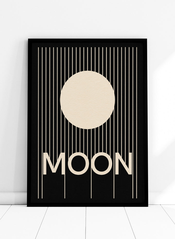 Poster with a stylized moon and the word 'MOON' on a black background. Moon by Rosi Feist is a bold minimalist Bauhaus-inspired art print with a cream circle and graphic lines. Officially licensed modern poster with framing.