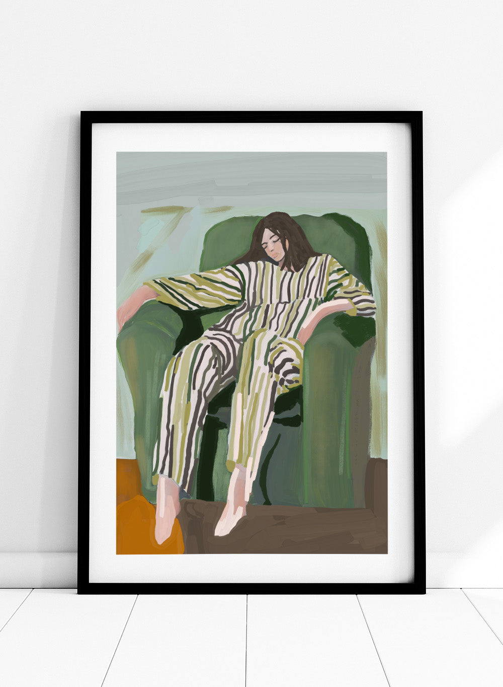 Woman Striped Green Pajamas Portrait Wall Art Print | Hand Drawn Contemporary Girl Illustration, Modern Aesthetic Relaxing Poster