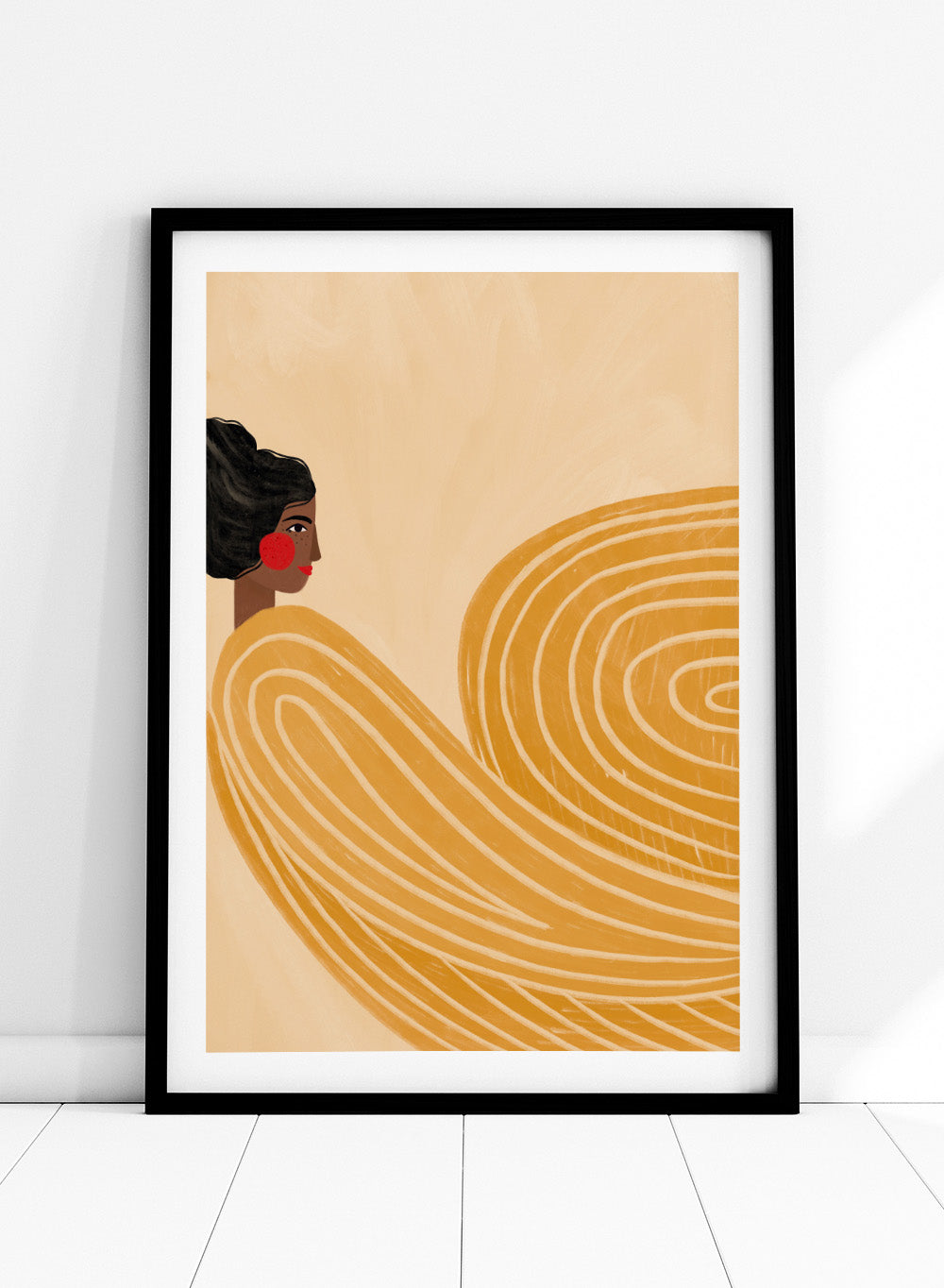 The Woman With the Yellow Stripes by Bea Müller is an officially licensed art print featuring flowing yellow lines and a warm modern portrait. Framed or unframed options available.