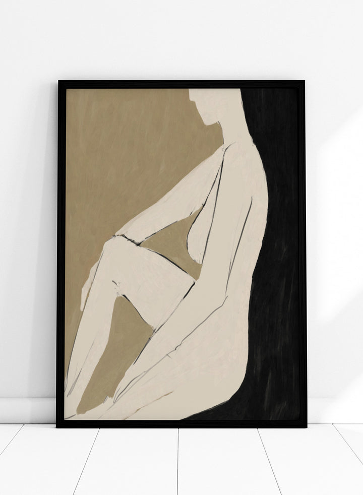 Shop Chill by Dan Hobday, a contemporary figurative art print featuring a relaxed seated figure, soft neutral tones, bold black forms, and minimal linework.