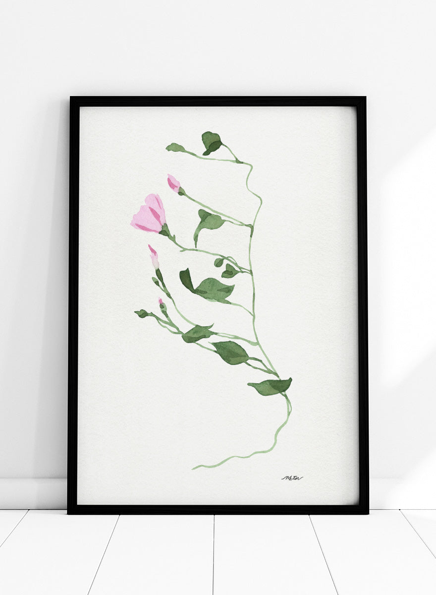 Shop Graceful Pink Stem by NKTN, a botanical wall art print poster featuring a delicate climbing vine, soft pink flowers, and minimalist watercolor style.