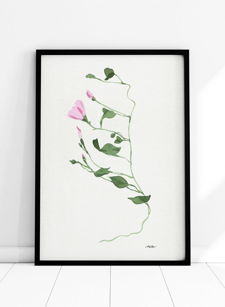 Shop Graceful Pink Stem by NKTN, a botanical wall art print poster featuring a delicate climbing vine, soft pink flowers, and minimalist watercolor style.